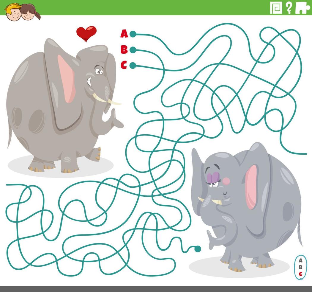 maze game with cartoon elephant in love vector