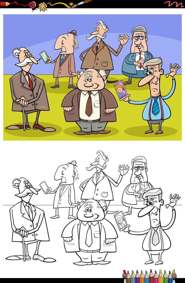 cartoon elder men or seniors group coloring page vector