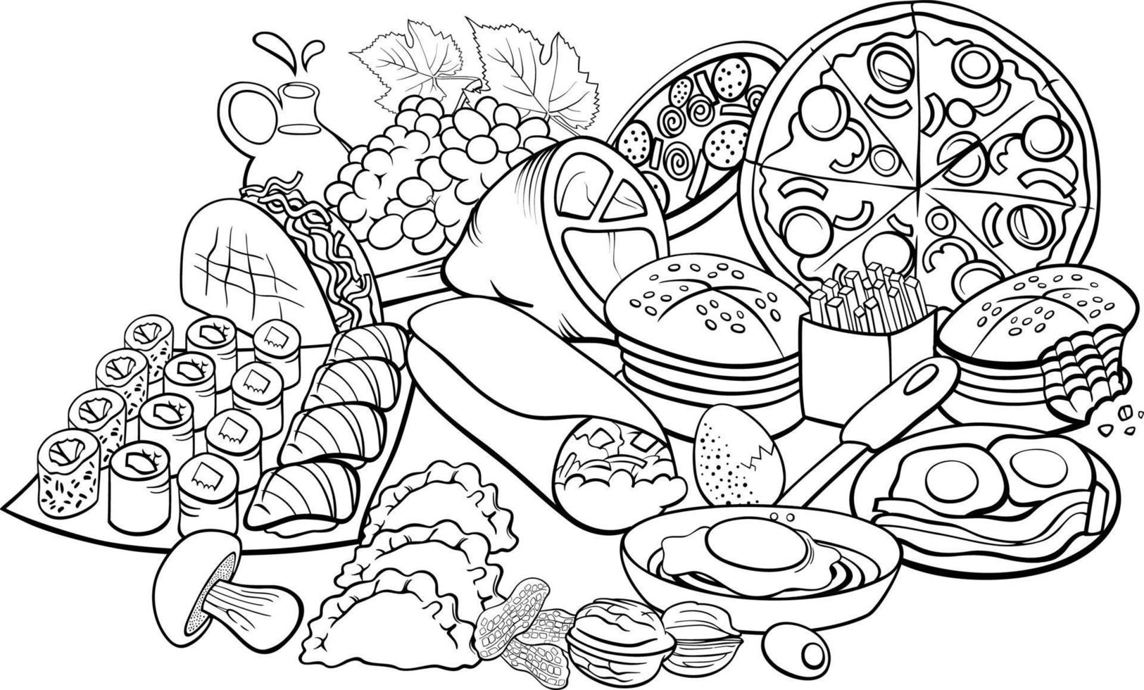 Página para colorear de dibujos animados de grupo de objetos y platos de comida vector