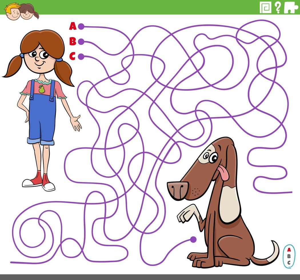 juego de laberinto con personaje de niña de dibujos animados y su perro vector