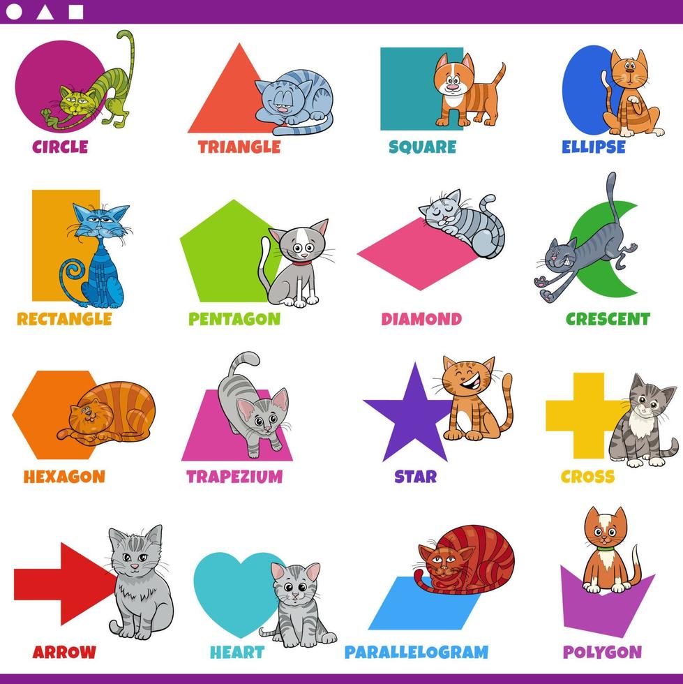 basic geometric shapes with comic cats characters set vector