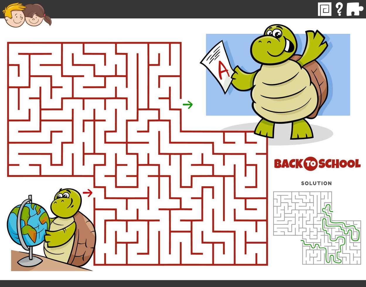 maze with cartoon turtle studying for a geography test vector