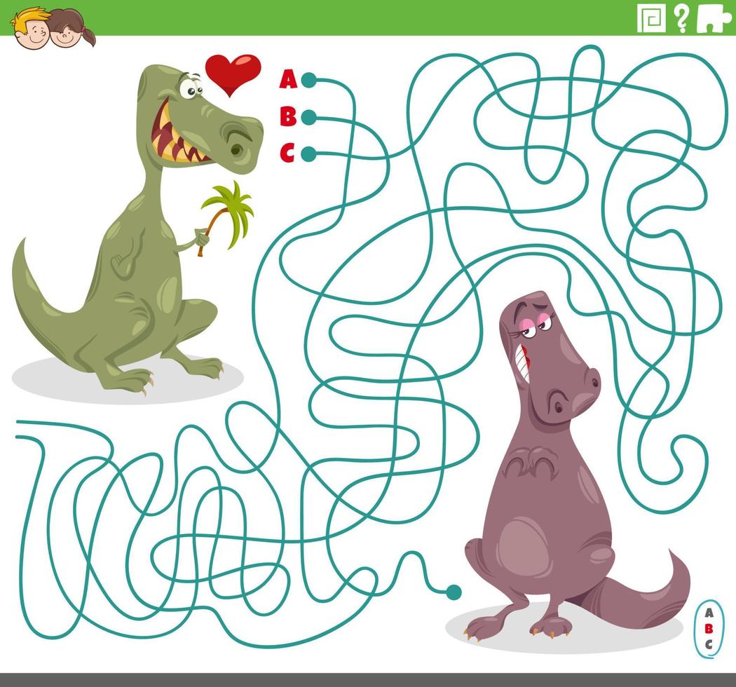 maze game with cartoon donkey dinosaur in love vector