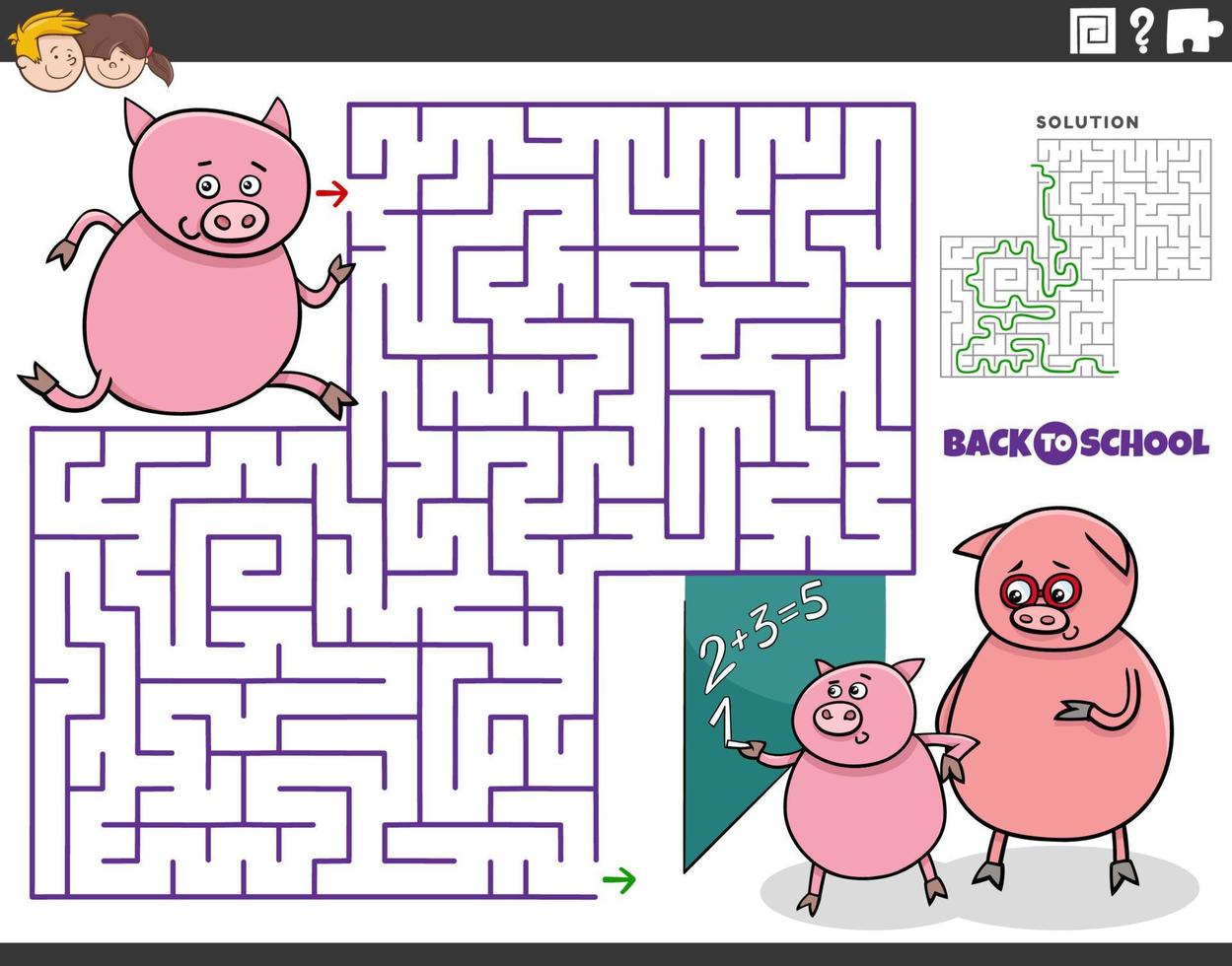 maze game with cartoon piglet pupil running to school vector