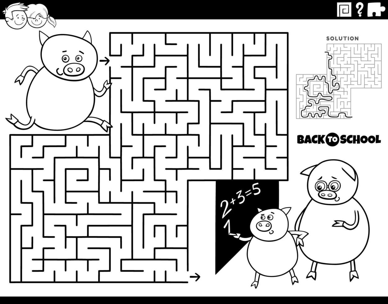 maze with cartoon piglet running to school coloring page vector