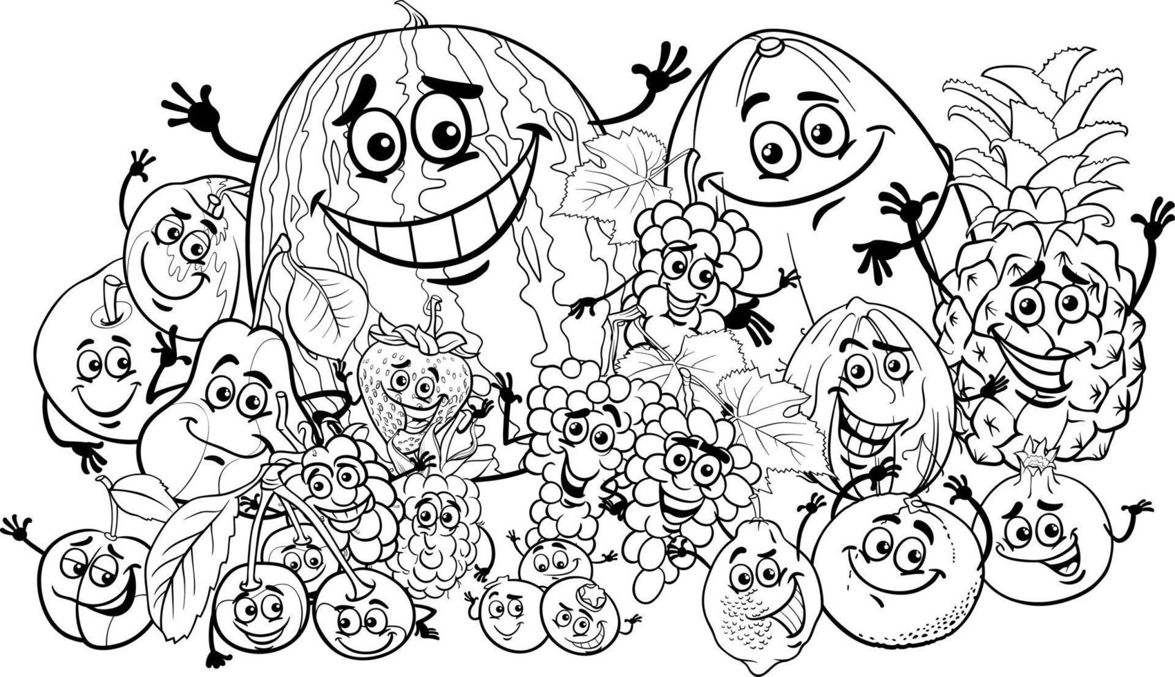 happy cartoon fruit characters group coloring page vector