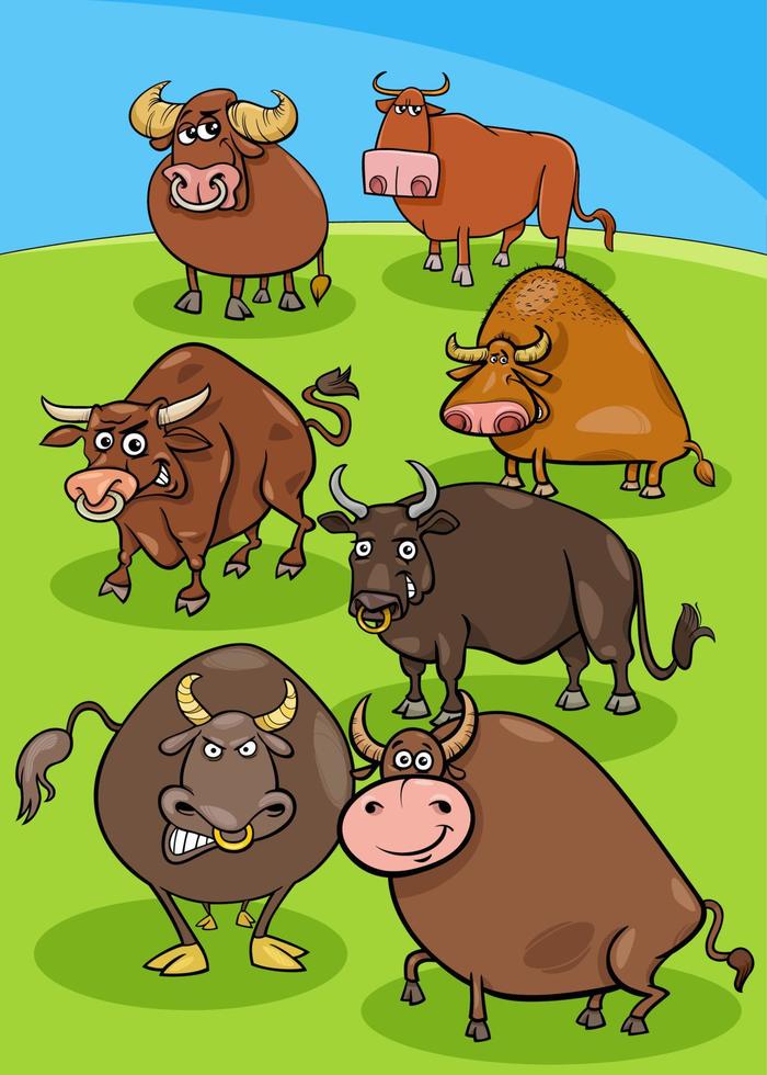 caricatura, toros, granja, animales, en, el, pradera vector