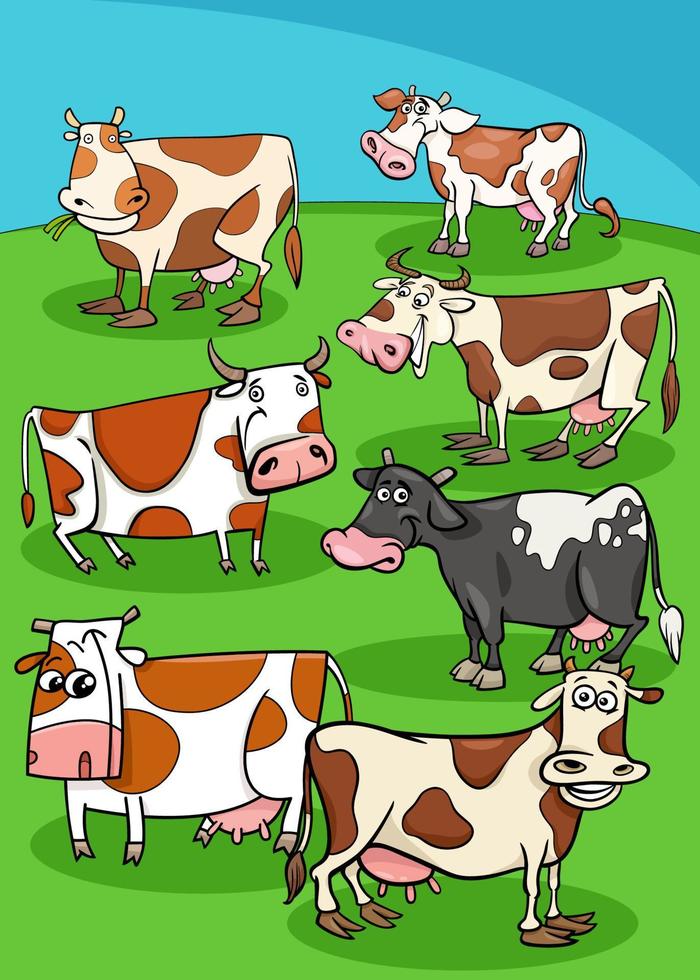 vacas de dibujos animados animales de granja en el prado vector