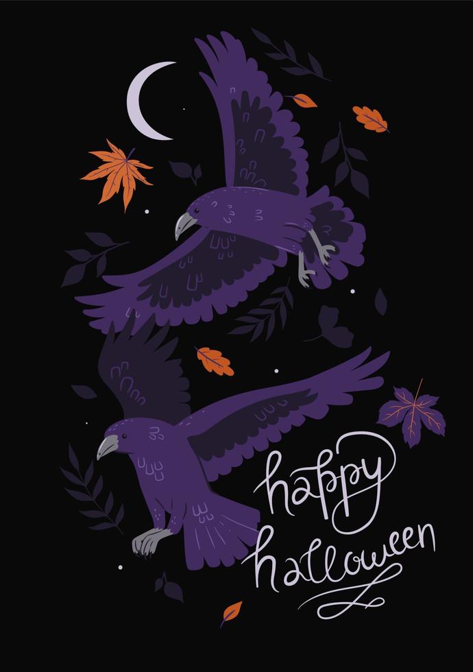 tarjeta de halloween con cuervos y hojas. gráficos vectoriales vector