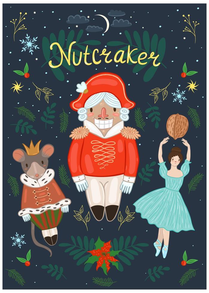 Nutcracker poster with a nutcracker, ballerina, mouse, and decorative elements. Vector graphics.