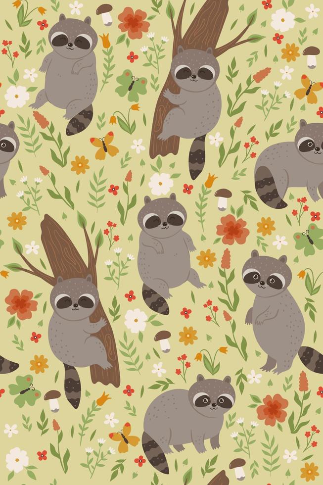 Seamless pattern with cute raccoons. Vector graphics.