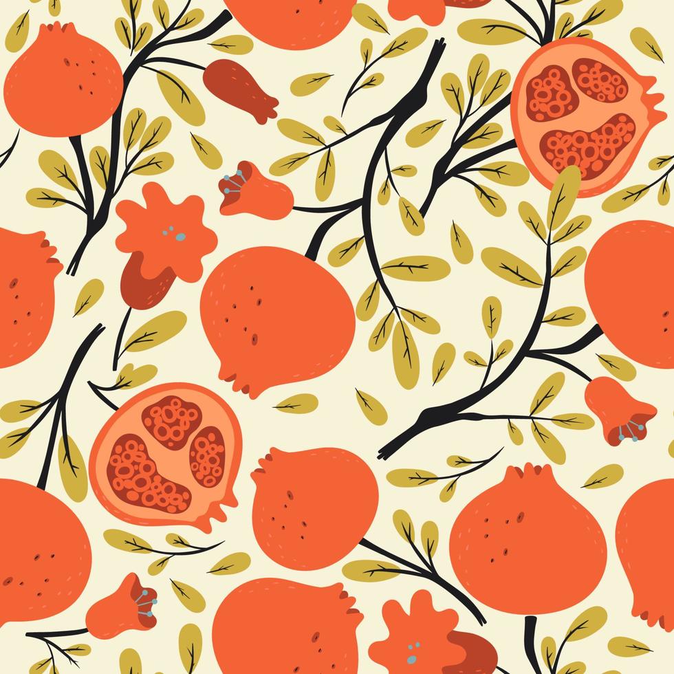 Seamless pattern with pomegranates on the branches. Vector graphics.