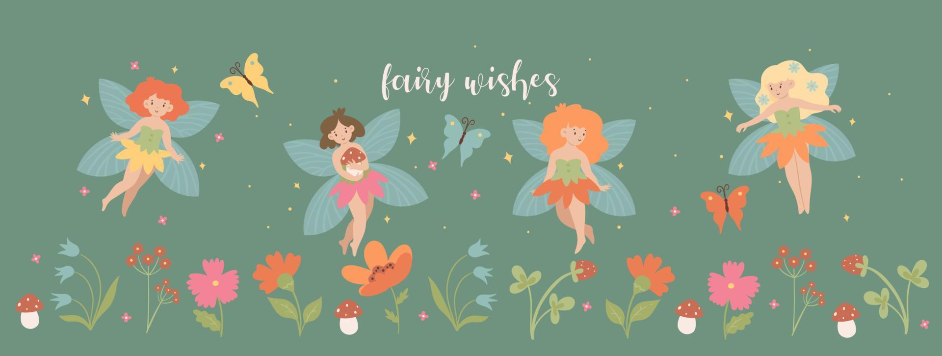 Banner with cute fairies and flowers. Vector graphics.