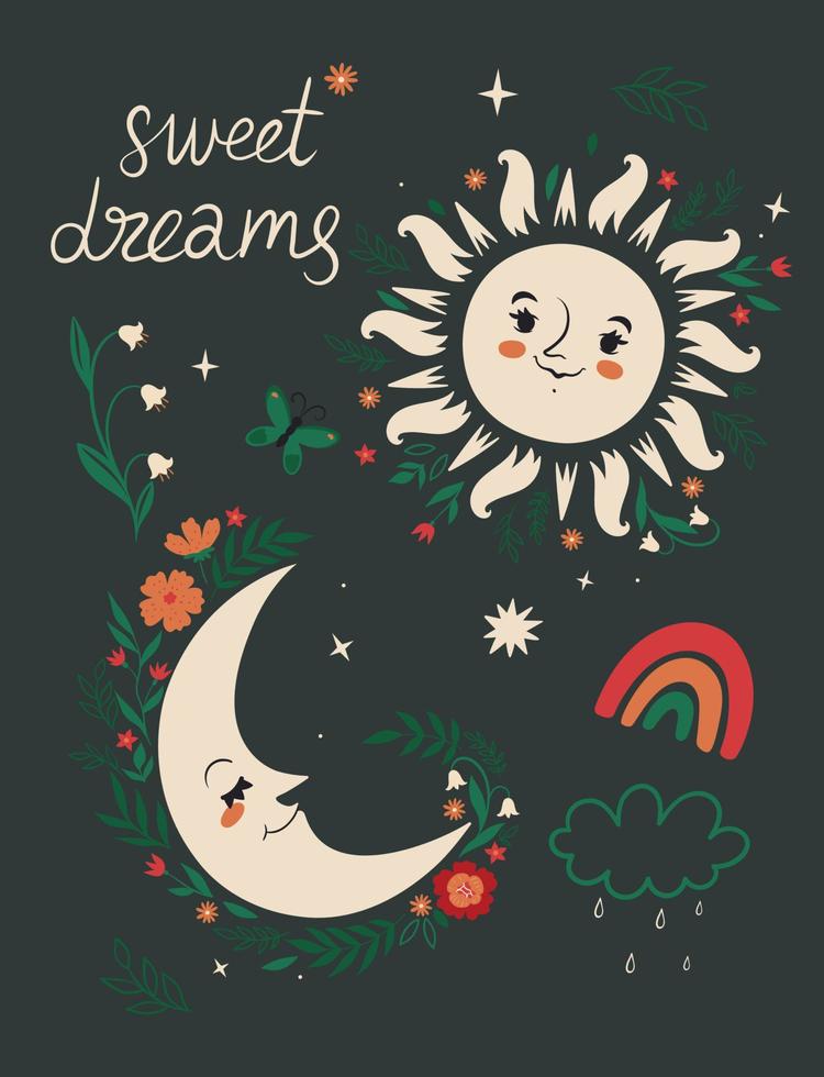 Postcard with moon, sun and flowers. Vector graphics.