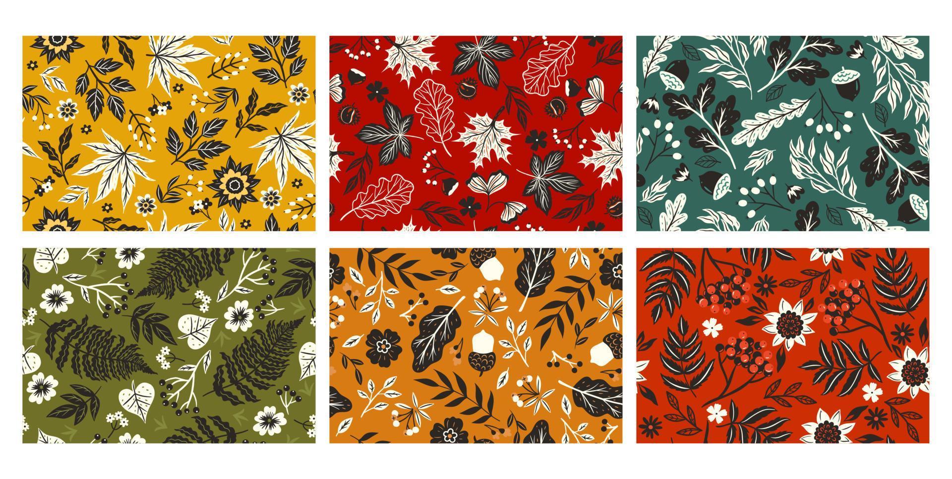 Set of autumn seamless patterns with leaves and berries. Vector graphics.