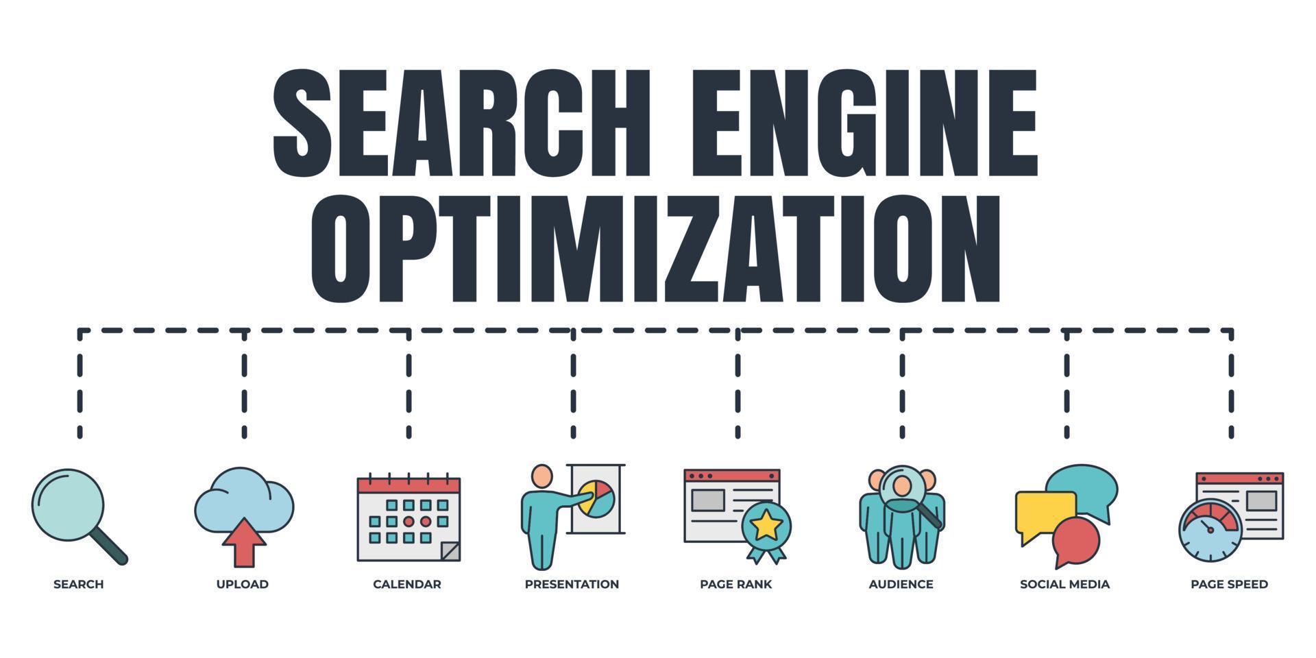 Search Engine Optimization. SEO banner web icon set. page rank, search, social media, calendar, presentation, audience, page speed, upload vector illustration concept.