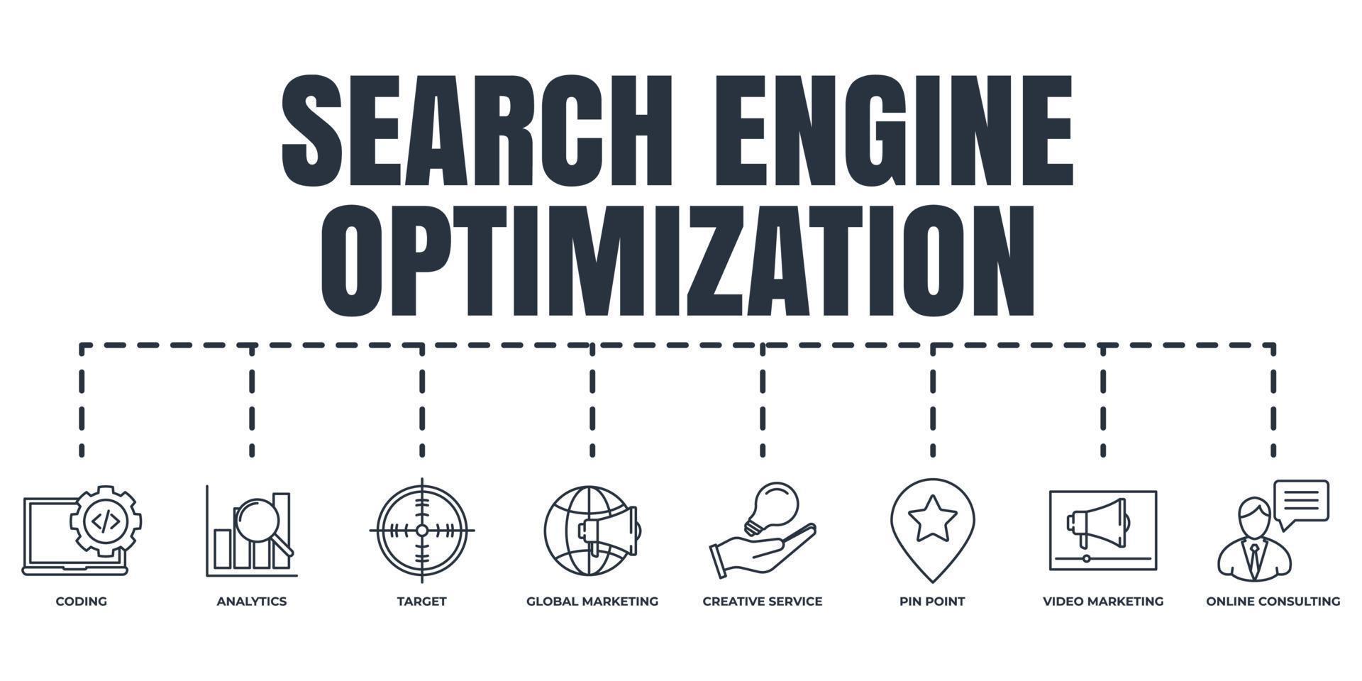 Search Engine Optimization. SEO banner web icon set. creative service, video marketing, target, coding, pin point, online consulting, global marketing, analytics vector illustration concept.