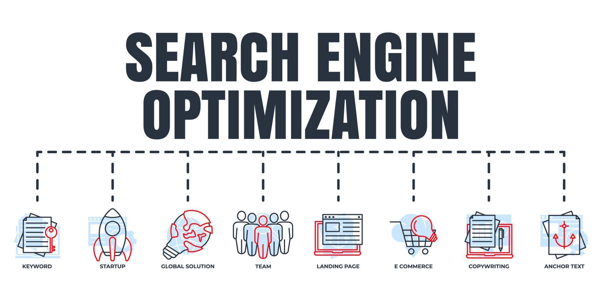 optimización de motores de búsqueda. conjunto de iconos web de banner seo. equipo, puesta en marcha, solución global, página de inicio, texto de anclaje, redacción, comercio electrónico, concepto de ilustración de vector de palabra clave.