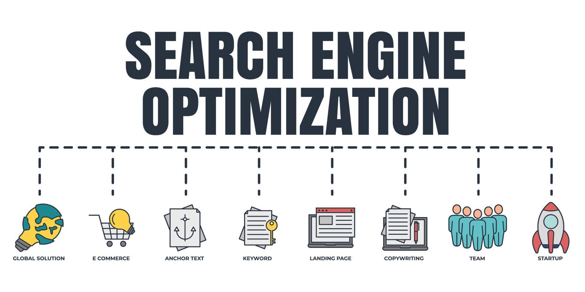 optimización de motores de búsqueda. conjunto de iconos web de banner seo. equipo, puesta en marcha, solución global, página de inicio, texto de anclaje, redacción, comercio electrónico, concepto de ilustración de vector de palabra clave.