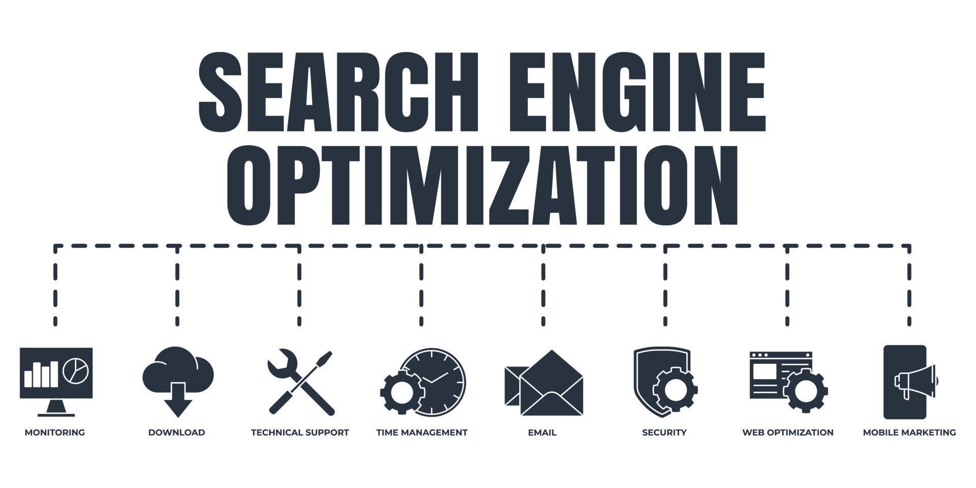 Search Engine Optimization. SEO banner web icon set. technical support, security, mobile marketing, monitoring, time management, web optimization, download, email vector illustration concept.