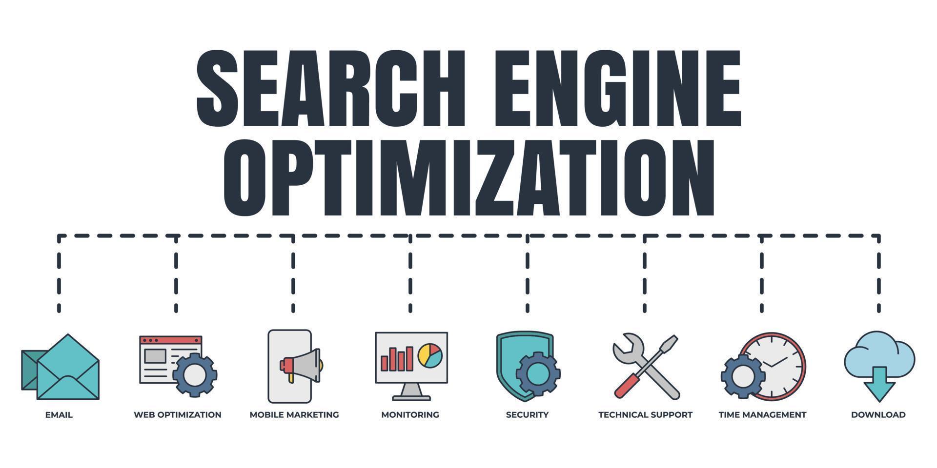 Search Engine Optimization. SEO banner web icon set. technical support, security, mobile marketing, monitoring, time management, web optimization, download, email vector illustration concept.