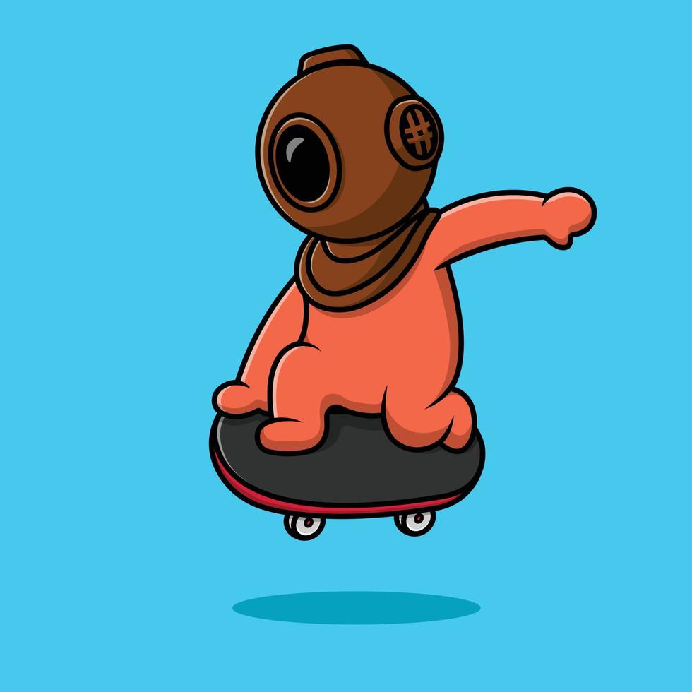 Cute Diver Playing Skateboard Cartoon Vector Icon Illustration. Science Transportation Flat Cartoon Concept