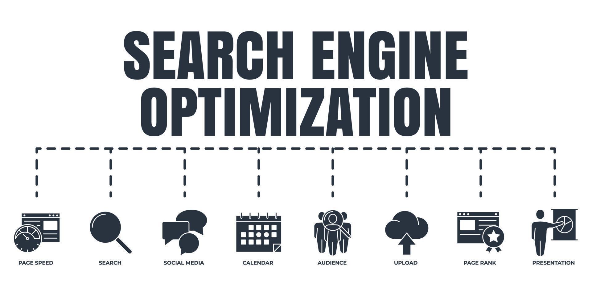Search Engine Optimization. SEO banner web icon set. page rank, search, social media, calendar, presentation, audience, page speed, upload vector illustration concept.