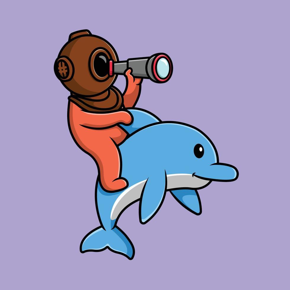 Cute Diver Binocular On Dolphin Cartoon Vector Icon Illustration. Science Nature Flat Cartoon Concept