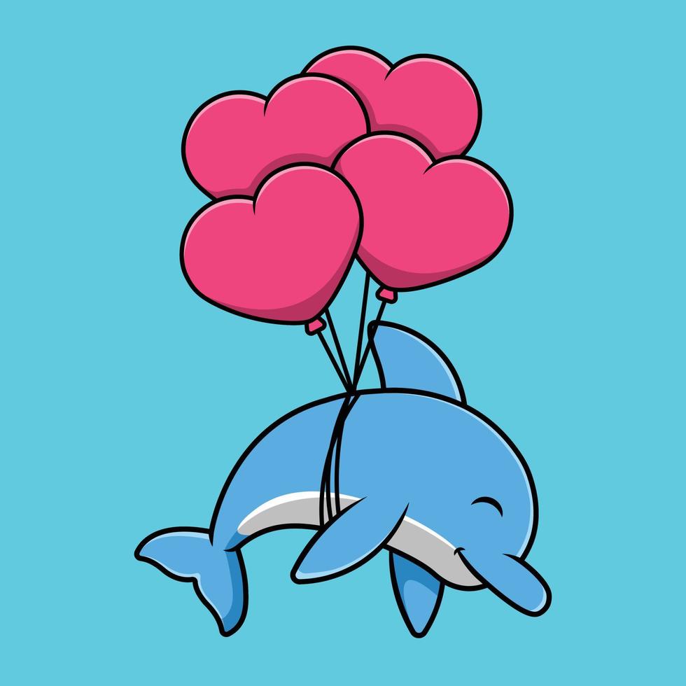 Cute Dolphin Floating With Heart Love Balloon Cartoon Vector Icon Illustration. Animal Flat Cartoon Concept