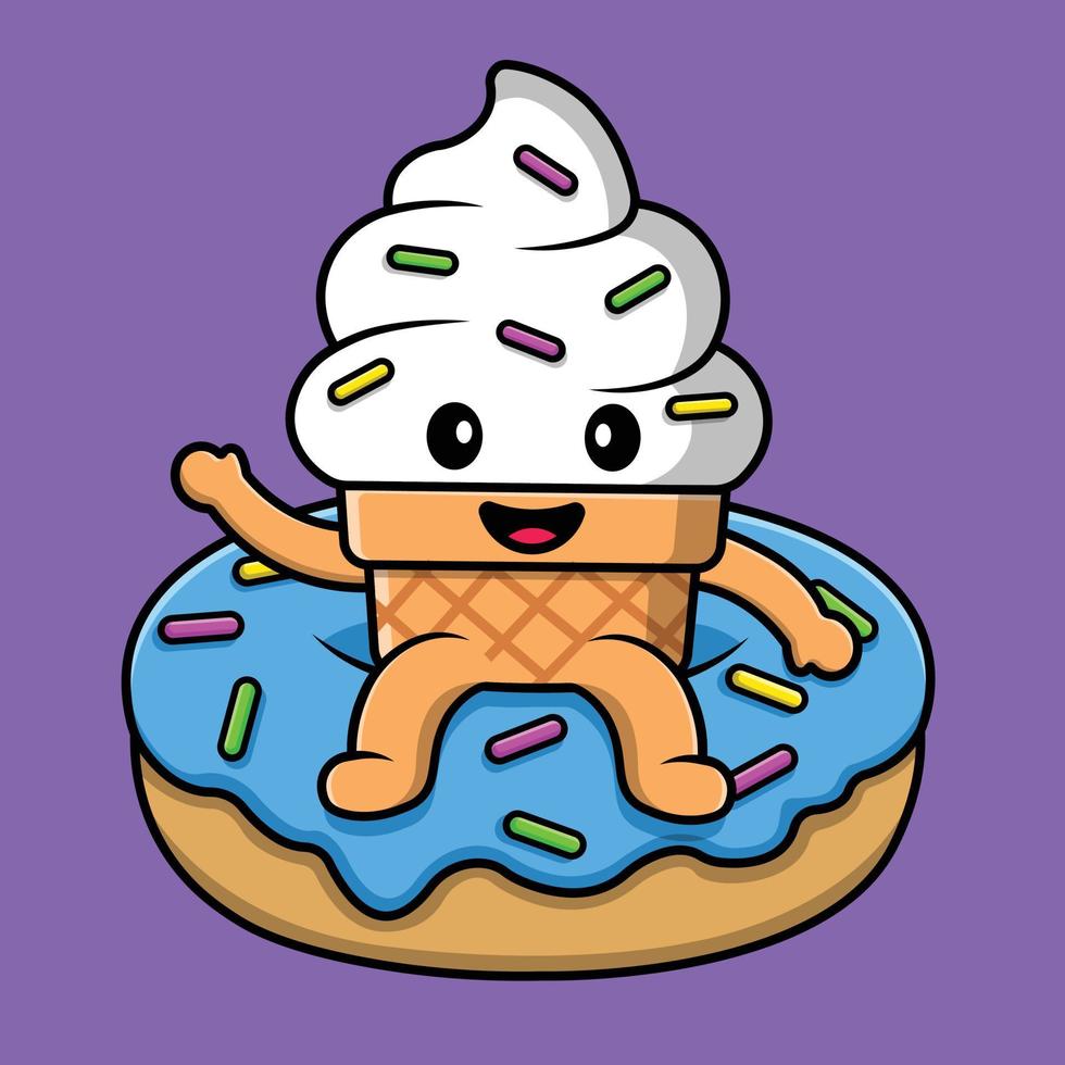 Cute Ice Cream Sitting On Doughnut Cartoon Vector Icon Illustration. Food Object Flat Cartoon Concept