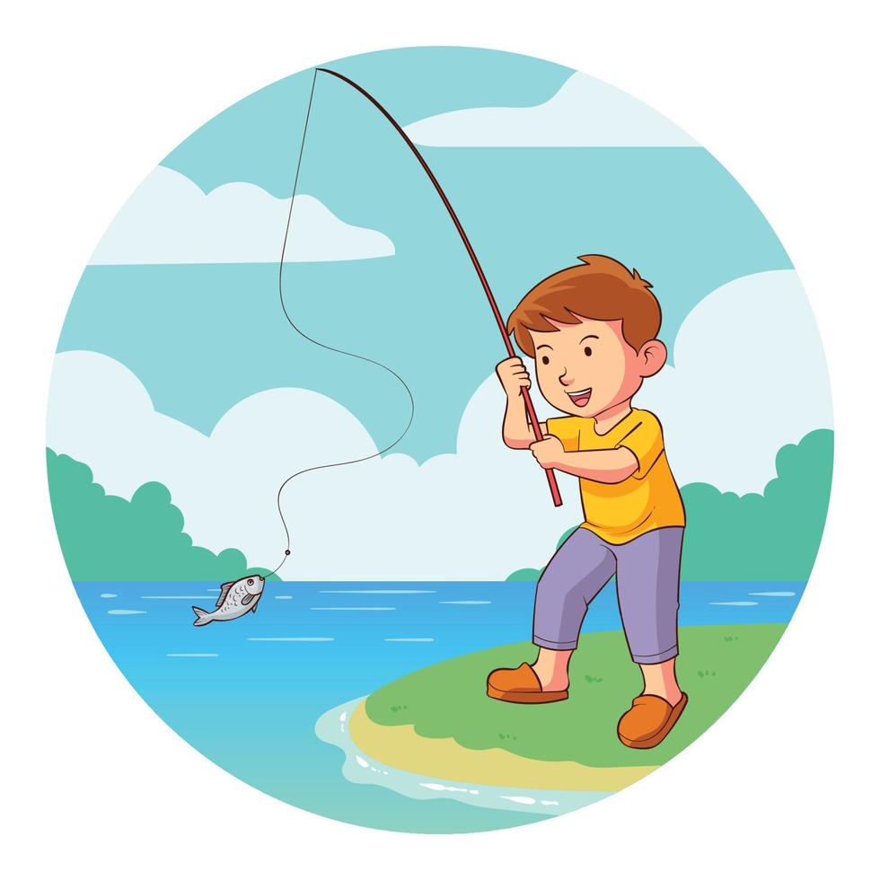 ilustración vectorial de un niño pescando vector