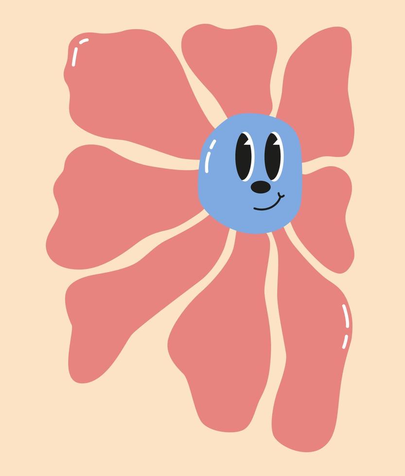 Doodle flower with cartoon funny smiling face, daisy retro character. Cute floral happy emotion. Childish logo design with daisies vector. Illustration of smile flower vector