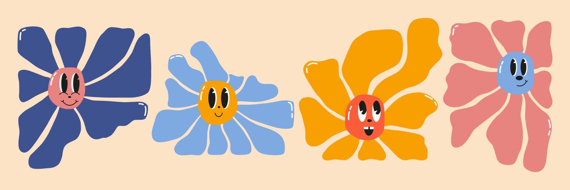 flores de garabato con caras sonrientes divertidas de dibujos animados, personajes retro de margarita. linda emoción feliz floral. diseño de logotipo infantil con juego de vectores de margaritas. ilustración de flores de sonrisa