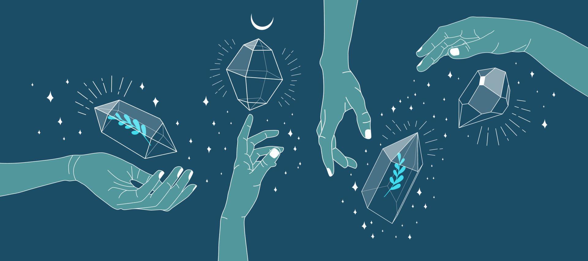 Hand holding crystal gem outline illustrations set. Magic crystal concept. Modern vector illustration. Transparent line art gem with leaf and stars. Minimalistic design for web.