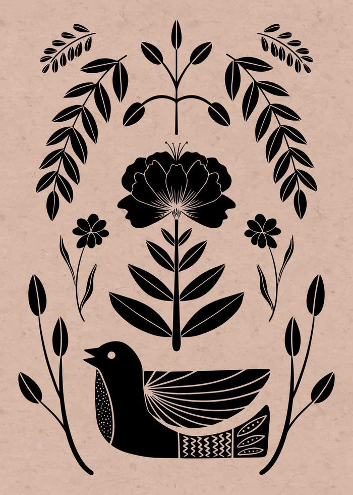 adorno simétrico con aves, flores y hojas con diferentes composiciones folclóricas. motivo en estilo escandinavo. ilustración plana étnica con textura de papel en negro. vector