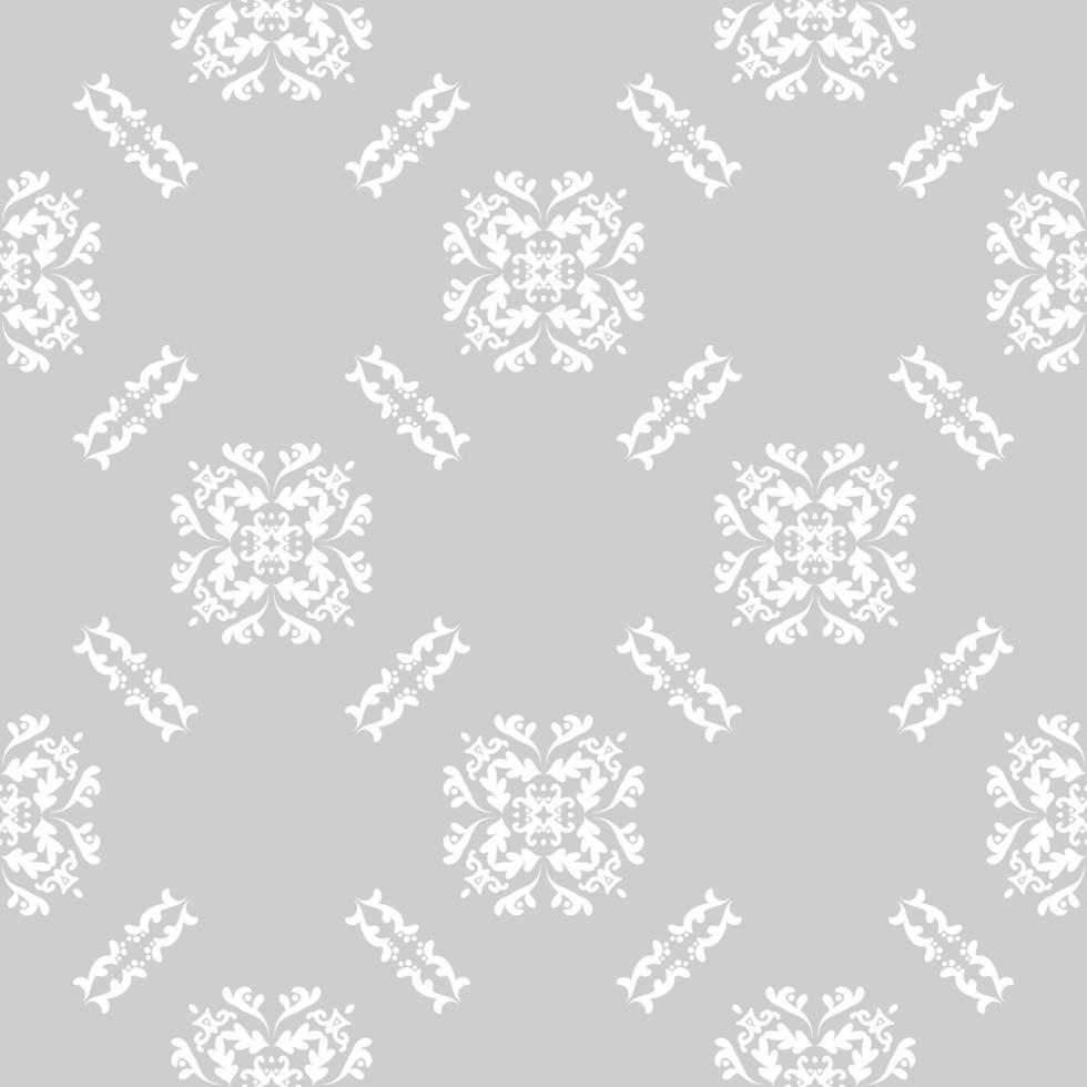 Seamless damask white pattern on gray background. Modern arabic pattern. Vector pattern with ornament. Background, wallpaper, wrapping, textile template.