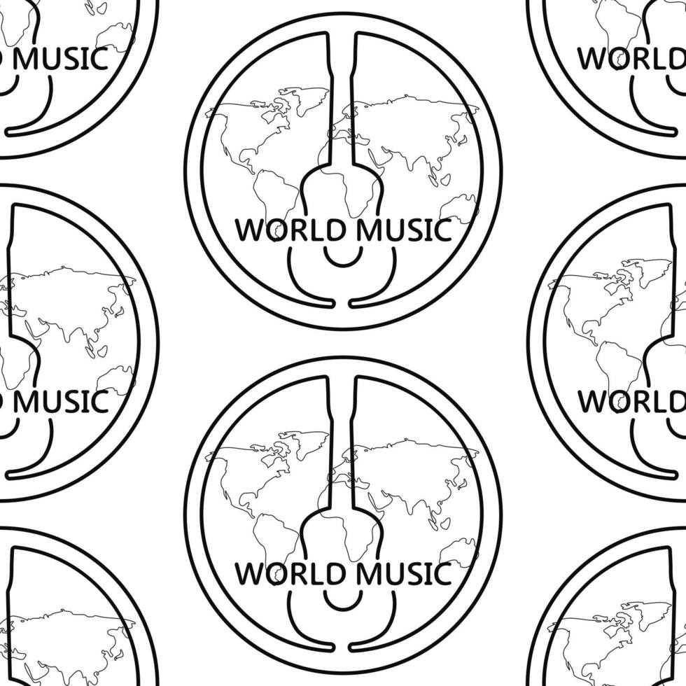 Black and white pattern with guitar and world map, text World music. Linear black pattern with a guitar on a white background. Seamless pattern for textile, wallpaper or wrapper. vector