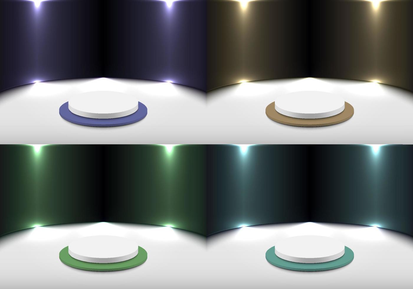 Set of 3D realistic product display white and blue, purple, yellow, green podium with shiny purple backdrop on floor clean stage background minimal style vector