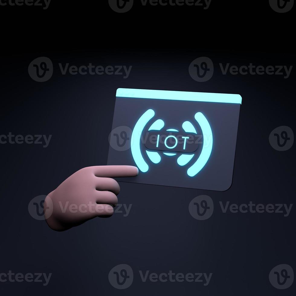 Hand holding neon IoT logo. Internet of thing concept. 3d render illustration. photo