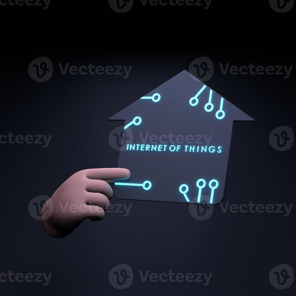 Hand holding neon IoT logo. Internet of thing concept. 3d render illustration. photo