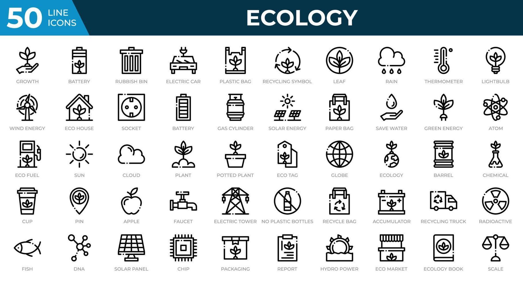 conjunto de 50 iconos web de ecología en estilo de línea. reciclaje, biología, energías renovables. colección de iconos de contorno. ilustración vectorial vector