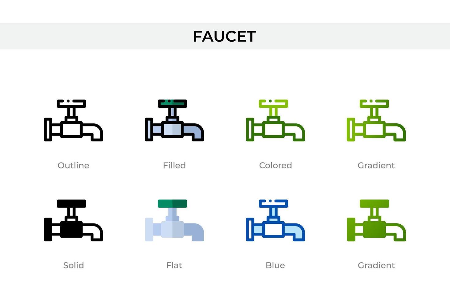 Faucet icon in different style. Faucet vector icons designed in outline, solid, colored, filled, gradient, and flat style. Symbol, logo illustration. Vector illustration