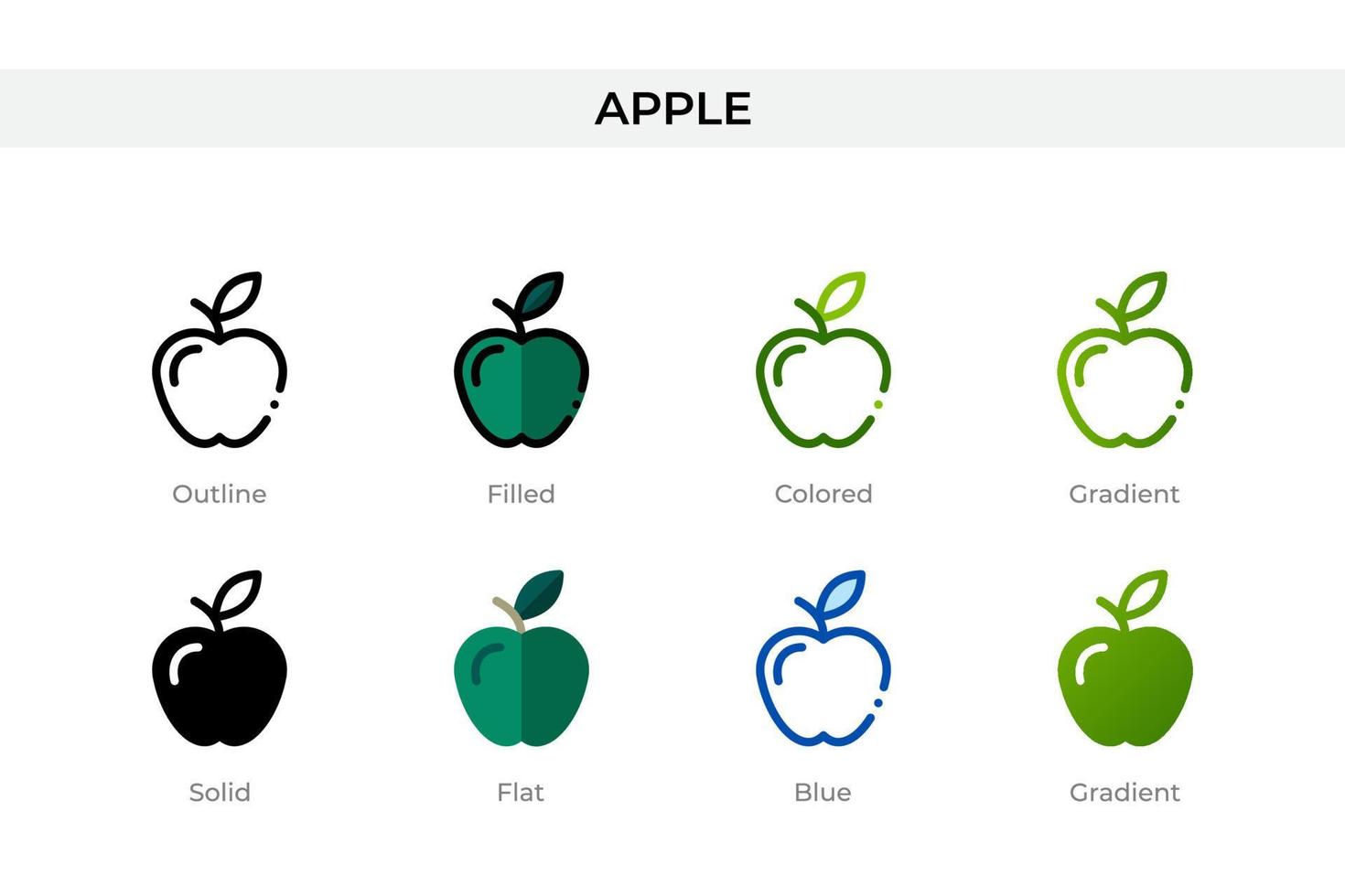 Apple icon in different style. Apple vector icons designed in outline, solid, colored, filled, gradient, and flat style. Symbol, logo illustration. Vector illustration