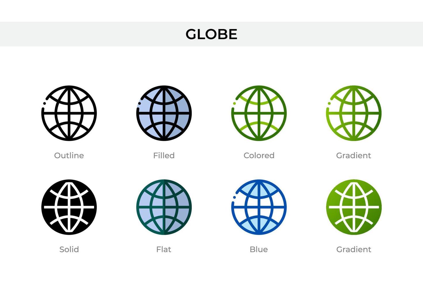 Globe icon in different style. Globe vector icons designed in outline, solid, colored, filled, gradient, and flat style. Symbol, logo illustration. Vector illustration