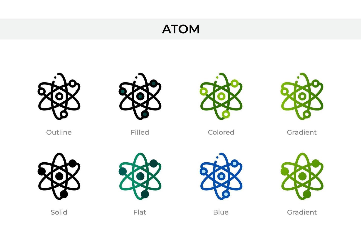 Atom icon in different style. Atom vector icons designed in outline, solid, colored, filled, gradient, and flat style. Symbol, logo illustration. Vector illustration