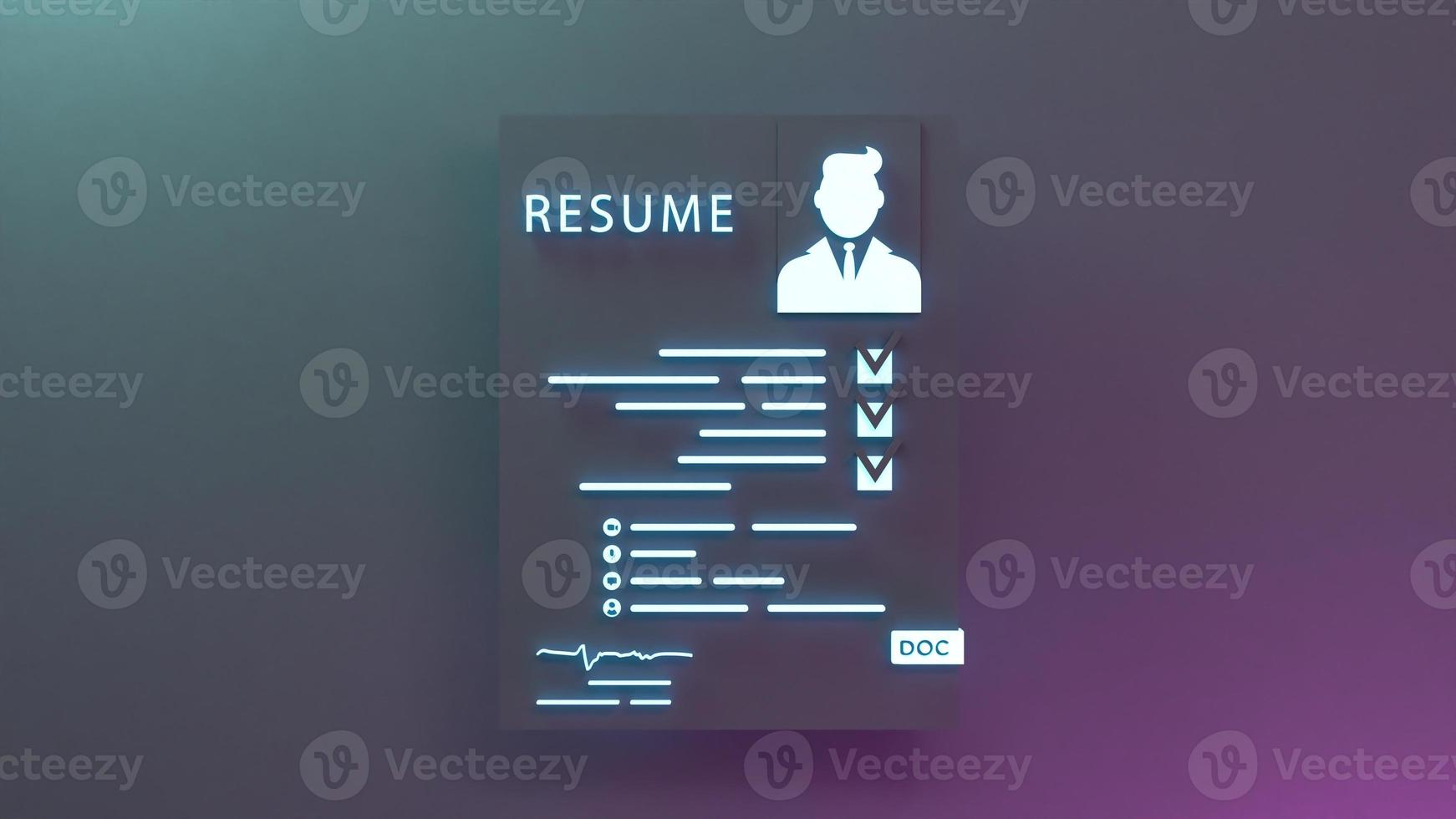 Candidate resume neon icon. Personnel search concept. 3d render illustration. photo