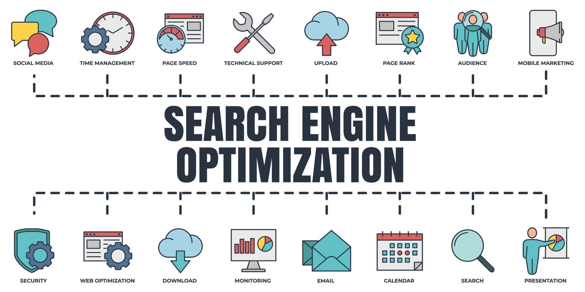 Search Engine Optimization. SEO banner web icon set. web optimization, download, email, social media, calendar, presentation, audience vector illustration concept.