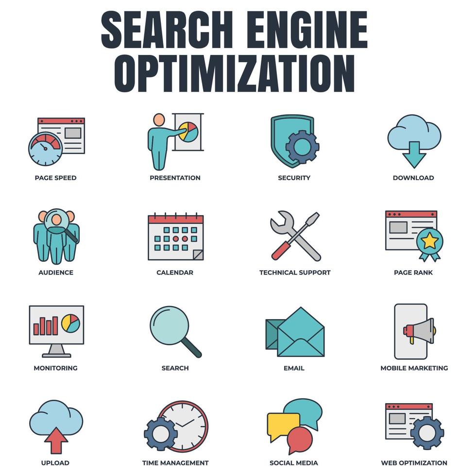 conjunto de ilustración de vector de logotipo de icono de optimización de motor de búsqueda. plantilla de símbolo de paquete de optimización seo para la colección de diseño gráfico y web.