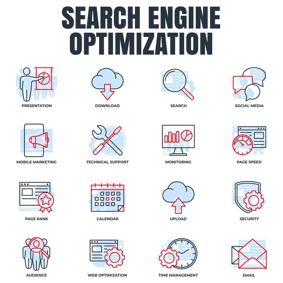 conjunto de ilustración de vector de logotipo de icono de optimización de motor de búsqueda. plantilla de símbolo de paquete de optimización seo para la colección de diseño gráfico y web.