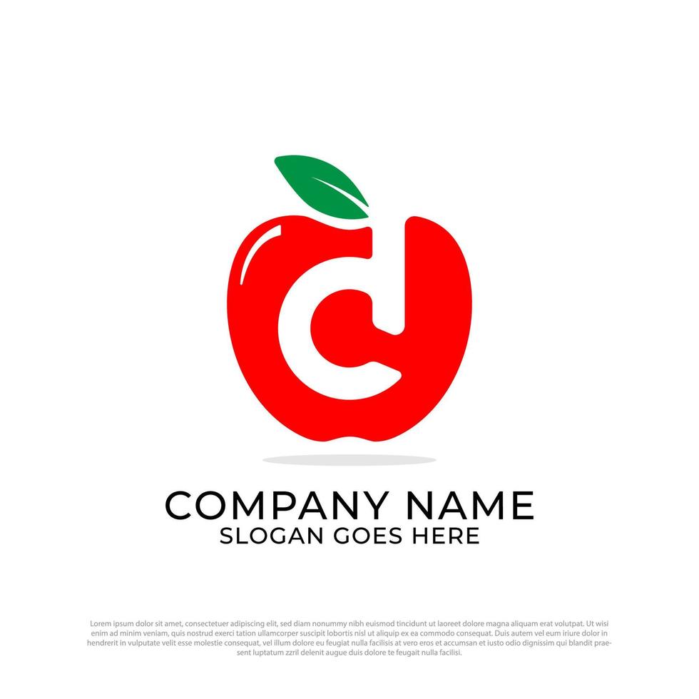 d inspiración de diseño de logotipo inicial, letra d y logotipo de fruta de manzana vector premium